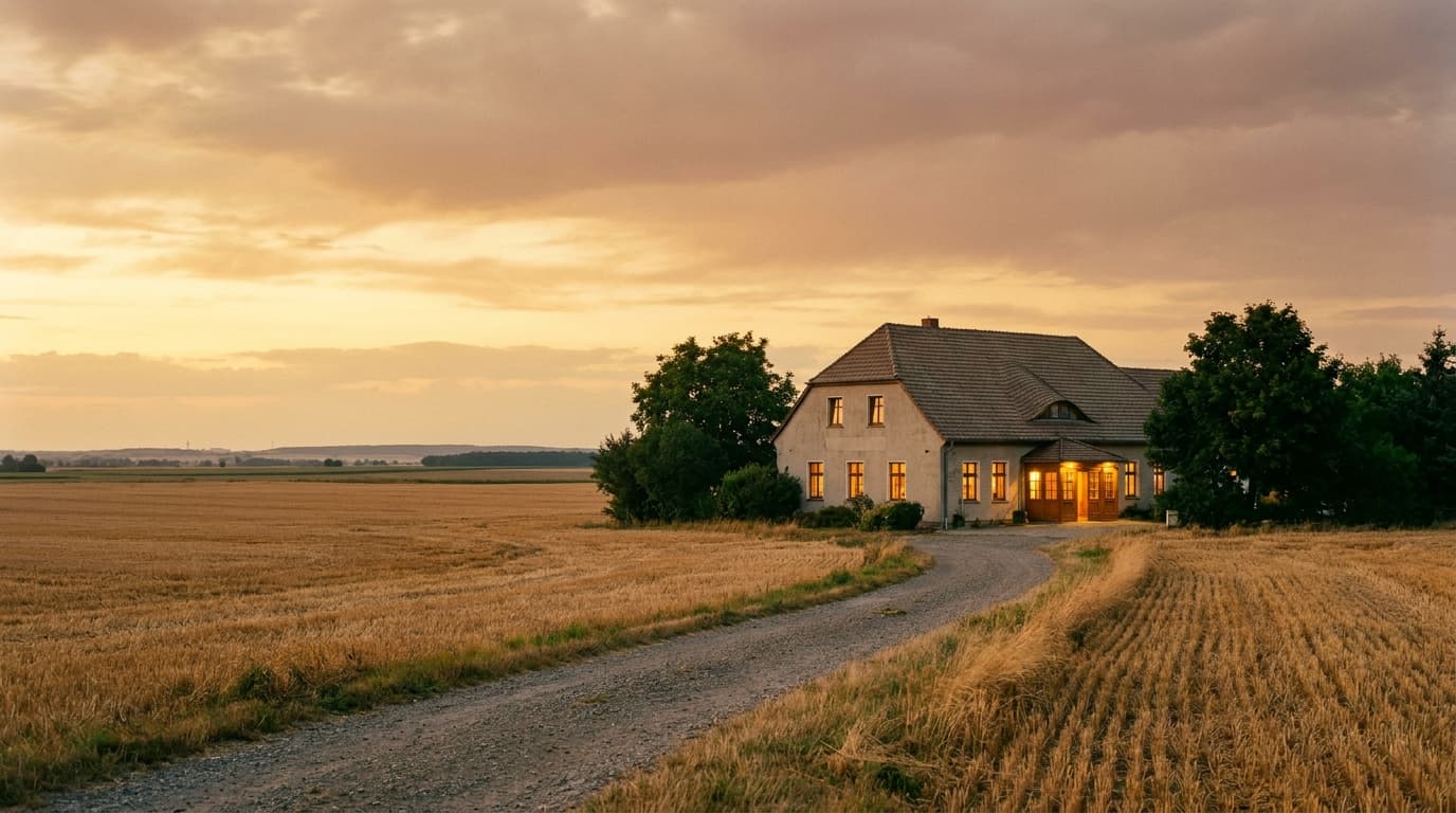 Das Landhotel Bottmersdorf im goldenen Abendlicht der Magdeburger Börde