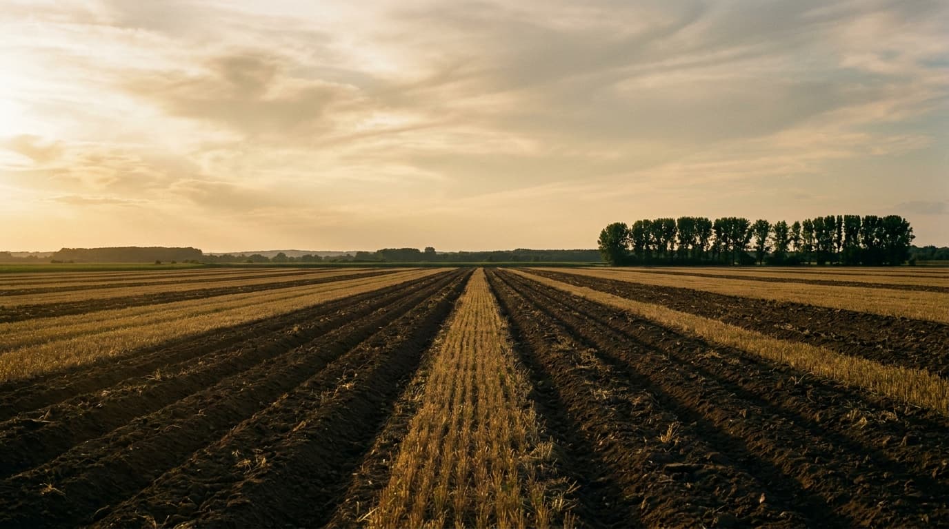 Die weite, flache Agrarlandschaft der Magdeburger Börde im Abendlicht